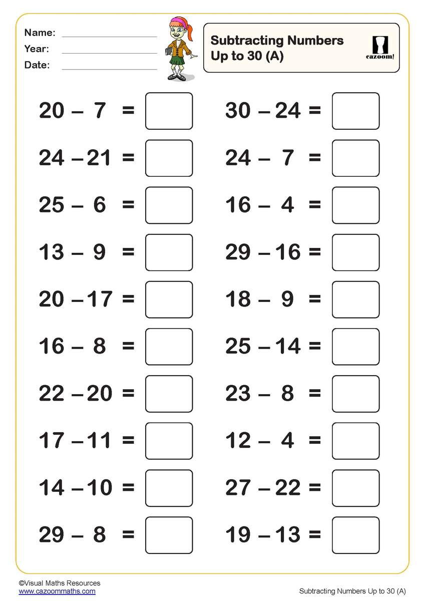Subtracting Numbers Up To 30 C Worksheet PDF Printable Subtraction Worksheets