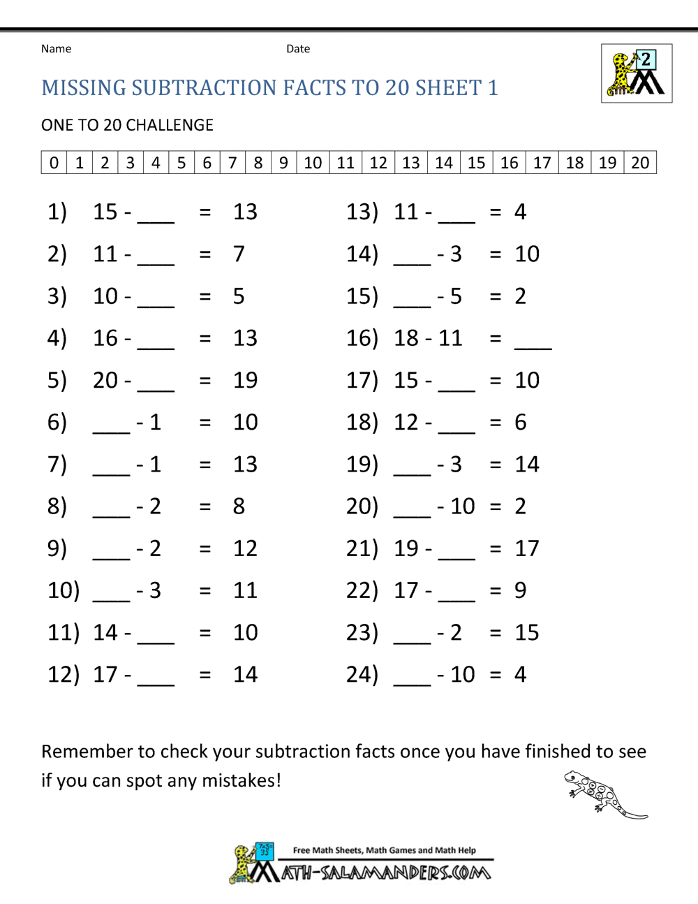 Subtraction Facts To 20