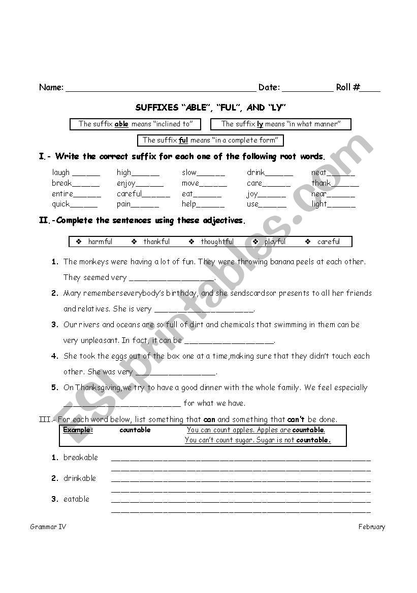 Suffixes ABLE FUL And LY ESL Worksheet By Jessica Ih