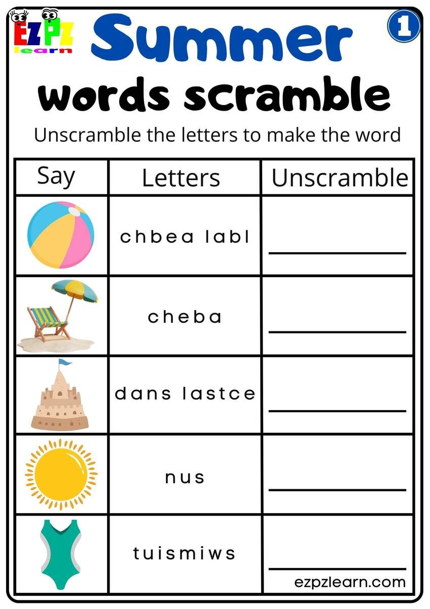 Summer Word Scramble Activity For Kids Set 1 Ezpzlearn