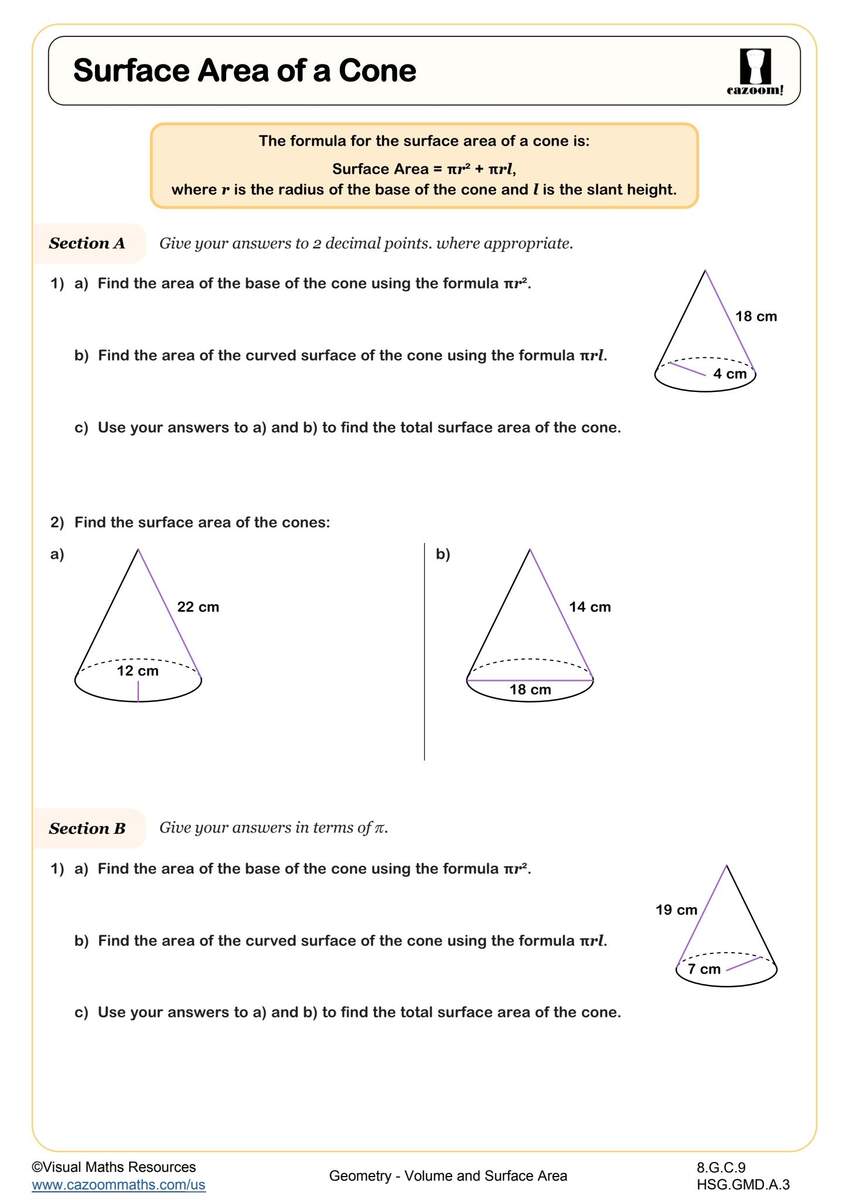 Surface Area Of A Cone Worksheet Fun And Engaging Middle And High School Geometry Worksheet Cazoom Math