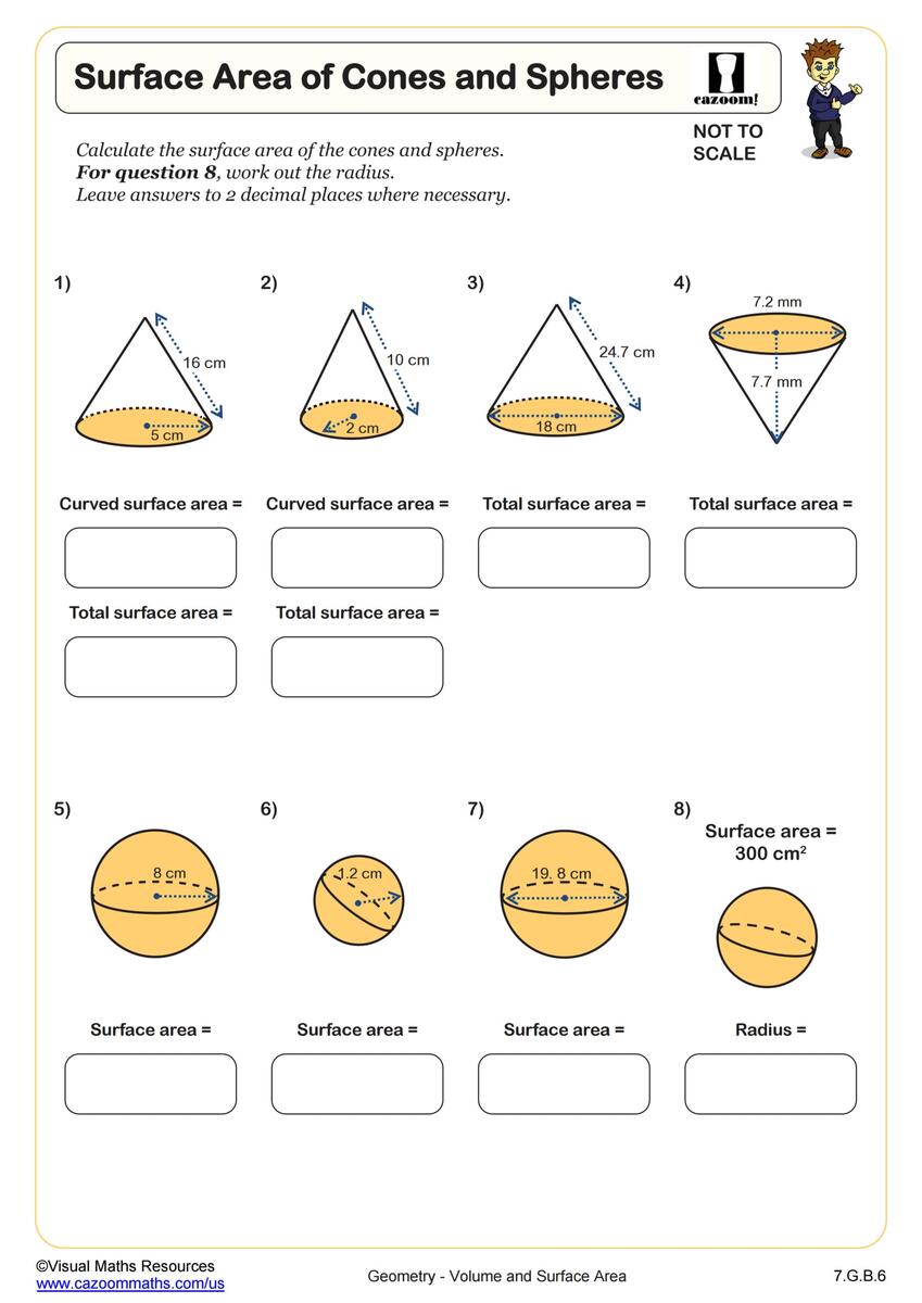 Surface Area Of Cones And Spheres Worksheet PDF Printable Geometry Worksheet Cazoom Math