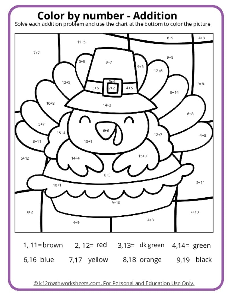 FREE Addition Thanksgiving Math Worksheets