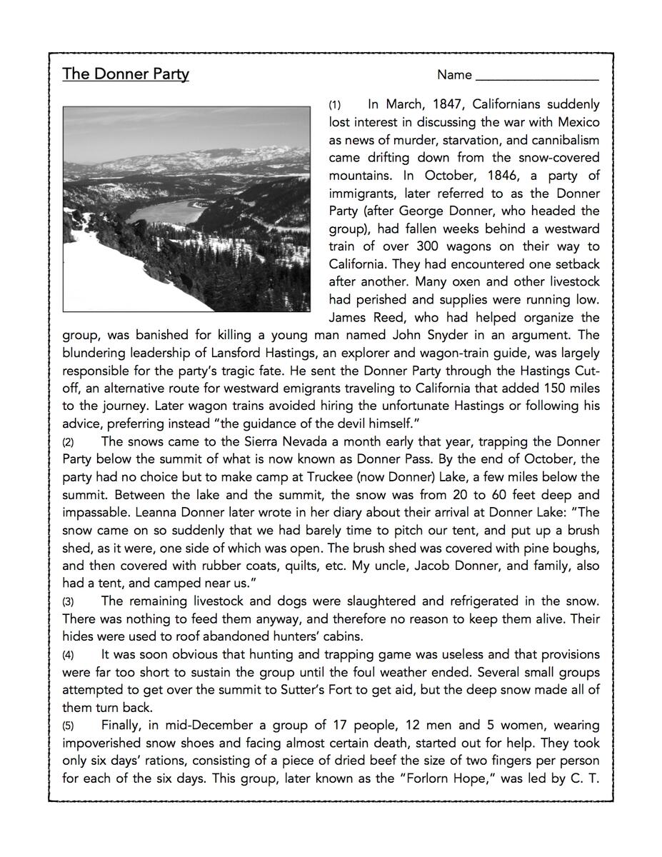 The Donner Party Reading Comprehension Passage And Assessment Classful