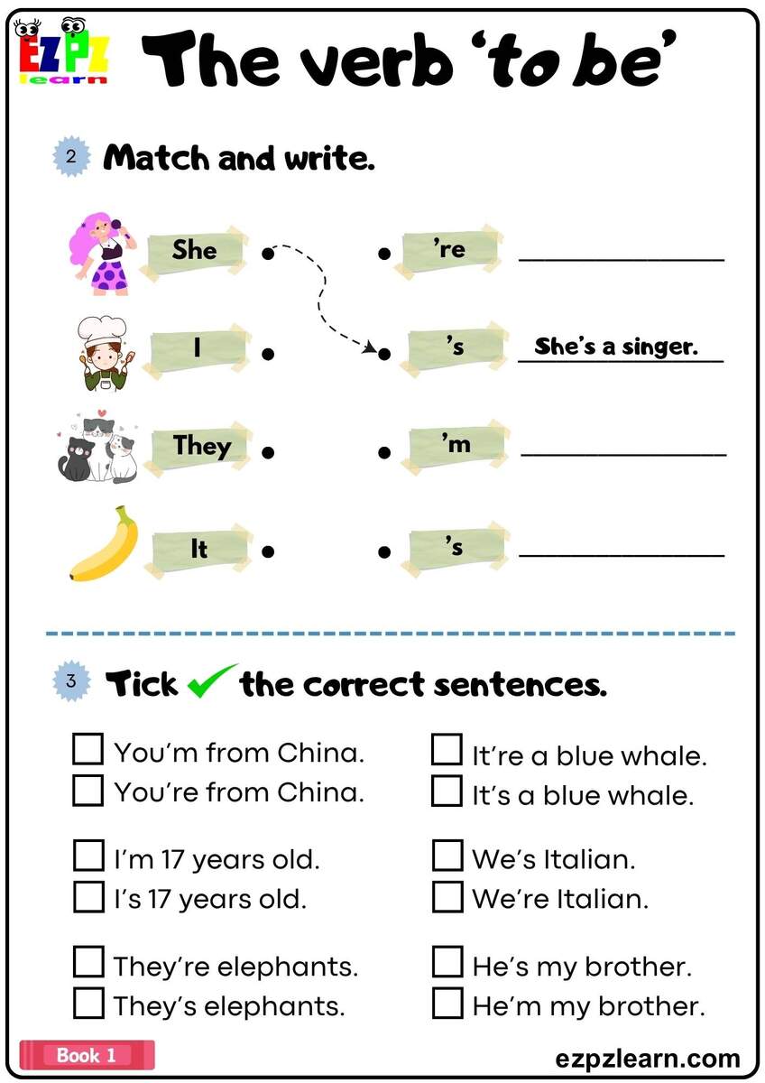 The Verb To Be Simple Present Match And Write The Sentences Grammar Worksheet Ezpzlearn