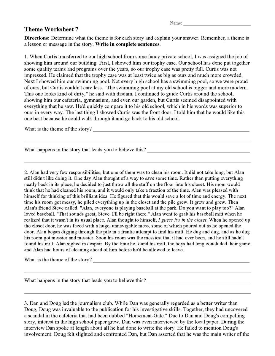 Theme Worksheet 7 Reading Activity Theme Worksheet 7 Reading Activity