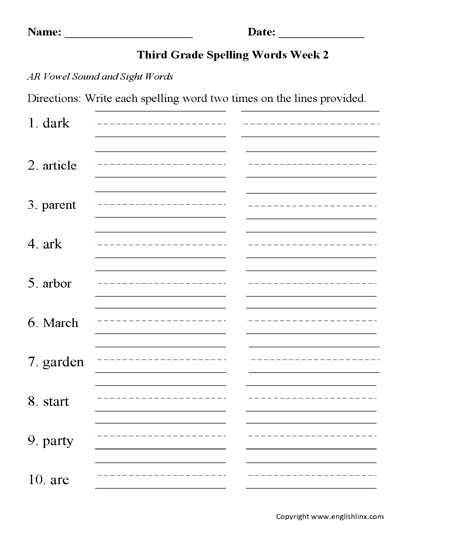 Download Printable Year 3 Spelling Words Worksheets