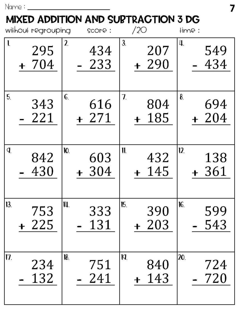 Three Digit Mixed Addition And Subtraction Without Regrouping Worksheets Etsy 100 Two And Three Digit Mixed Addition And Subtraction With Grid Worksheets Etsy