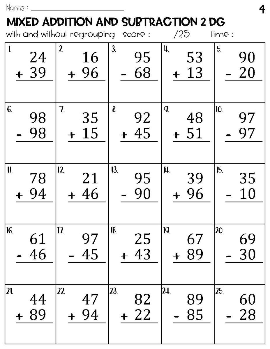 100 Four Digit Mixed Addition And Subtraction With And Without Regrouping Worksheets Etsy