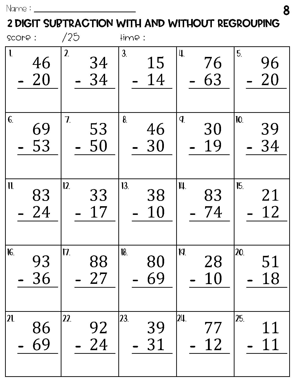 Two Digit Subtraction With And Without Regrouping Worksheets Etsy