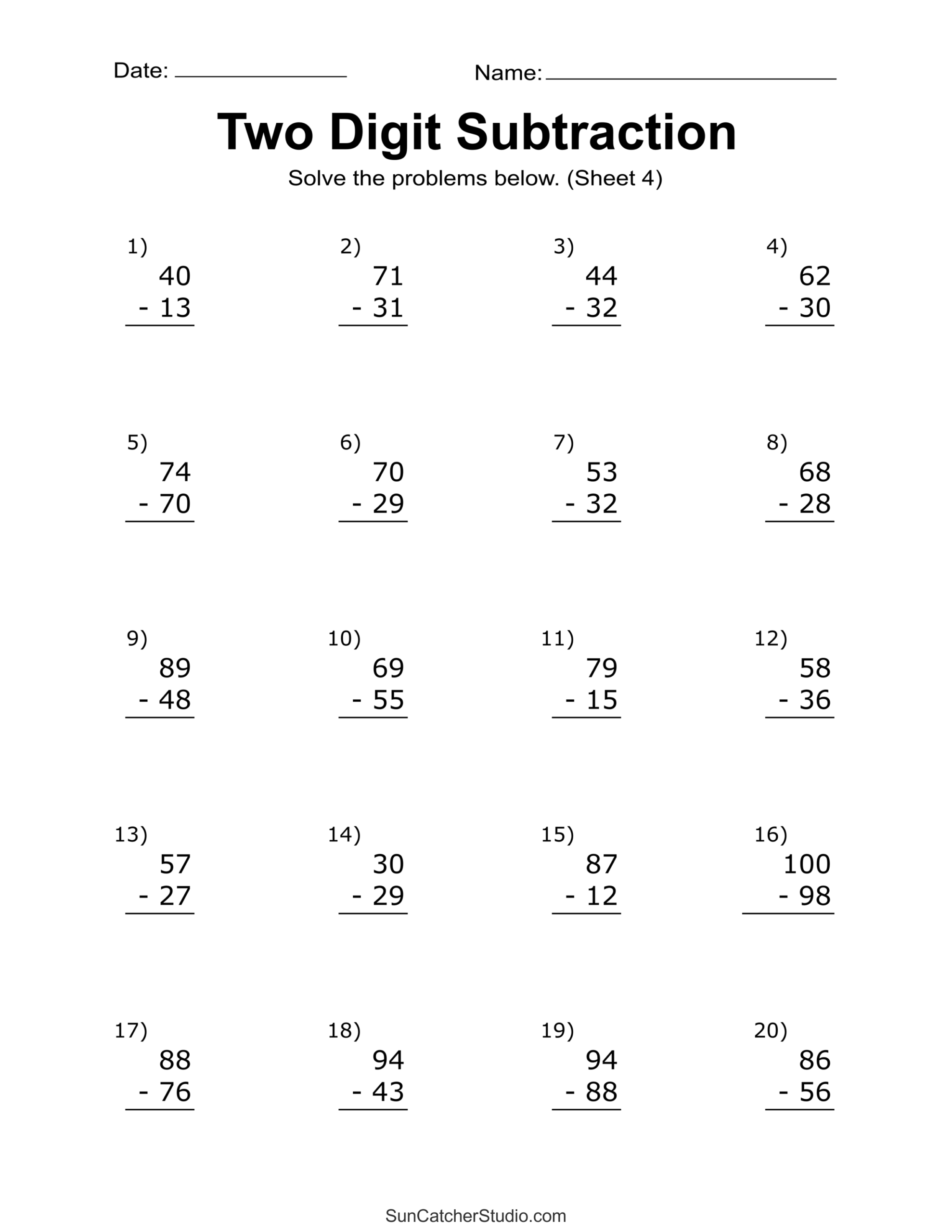2 Digit Subtraction Worksheets
