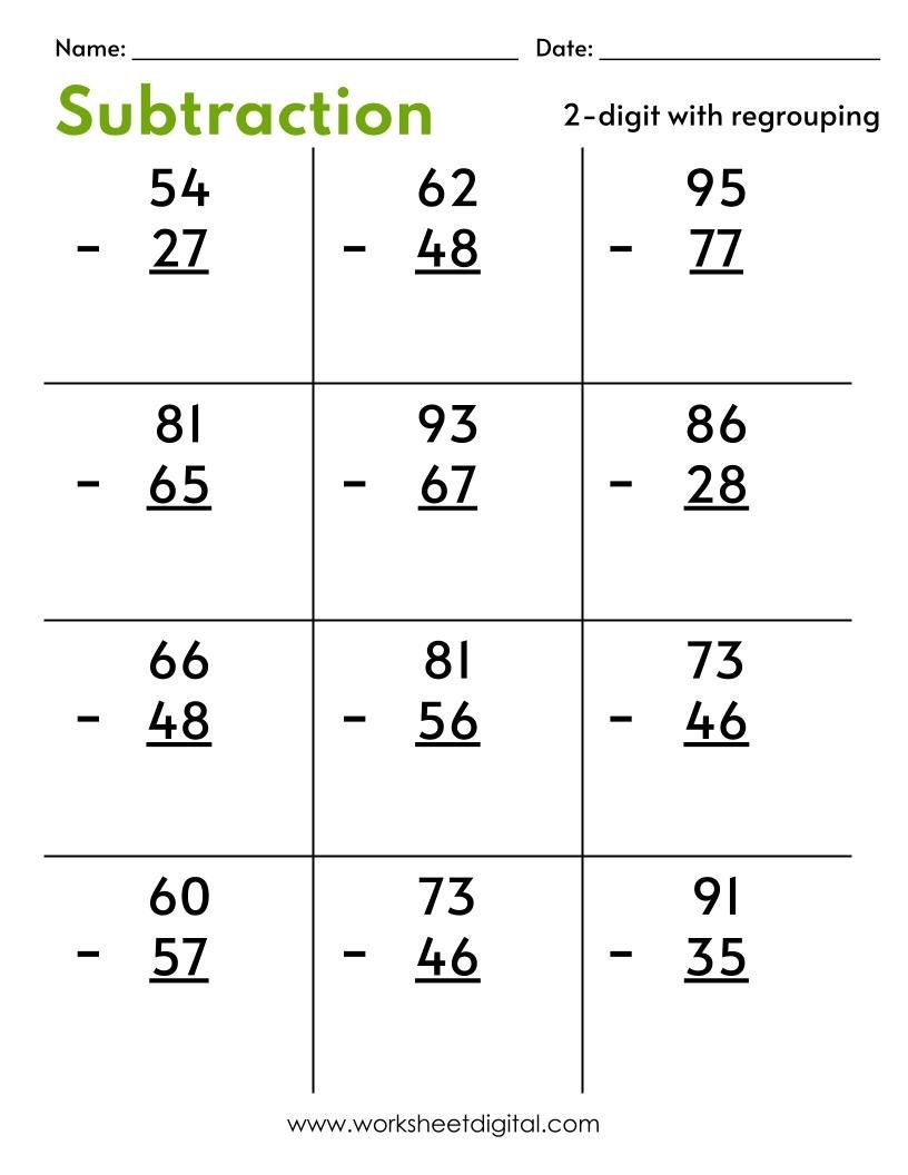 Two Digit Subtraction Worksheets With Regrouping PDF Etsy Norway Double Digit Subtraction With Regrouping Borrowing K12 Math Worksheets