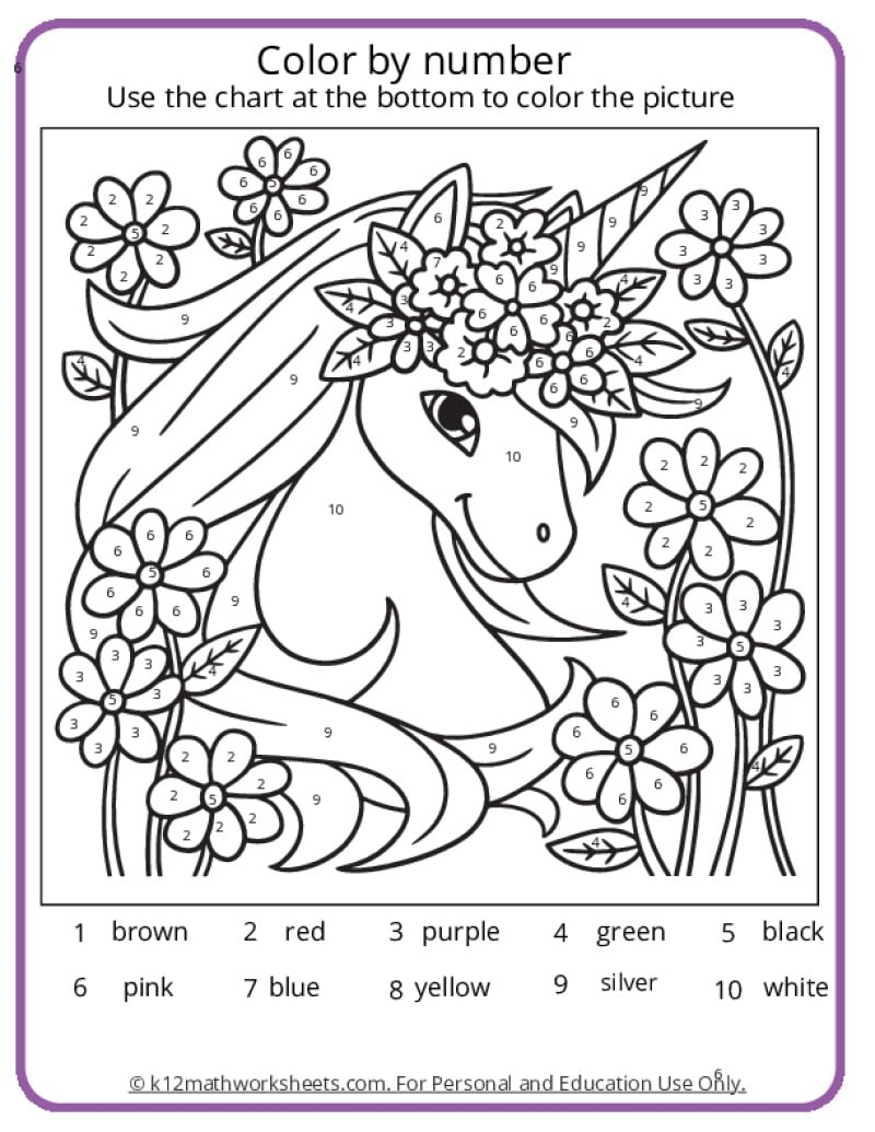 Unicorn Color By Number Pages K12 Math Worksheets Division Coloring Sheet LoveToTeach