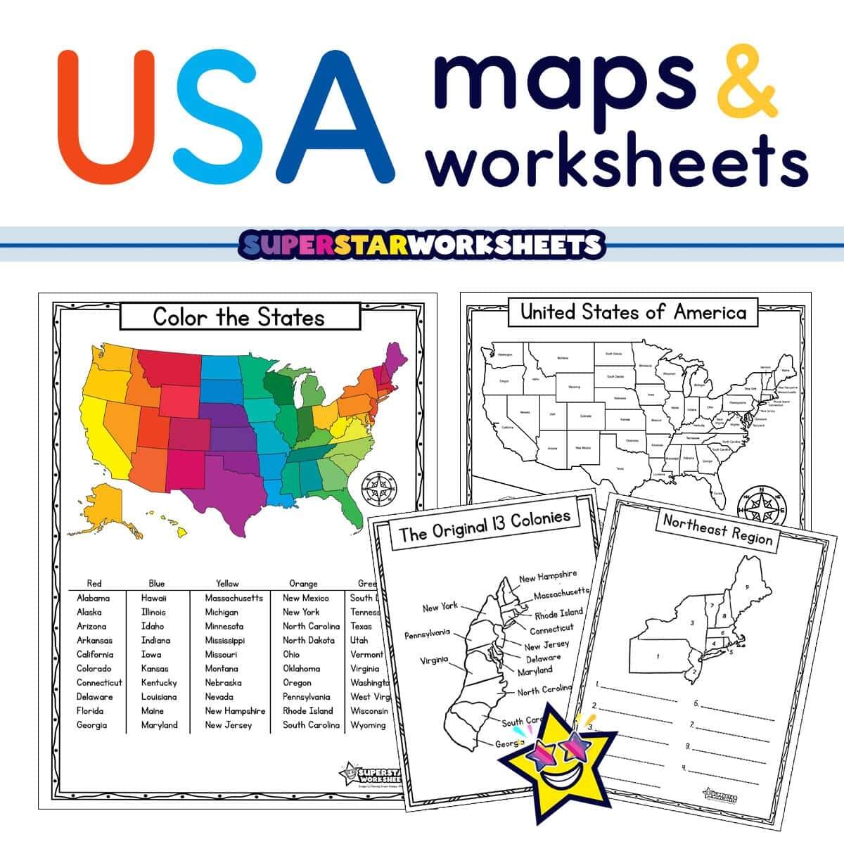 USA Map Worksheets Free Printables Superstar Worksheets US Geography Color Name States Worksheet Made By Teachers