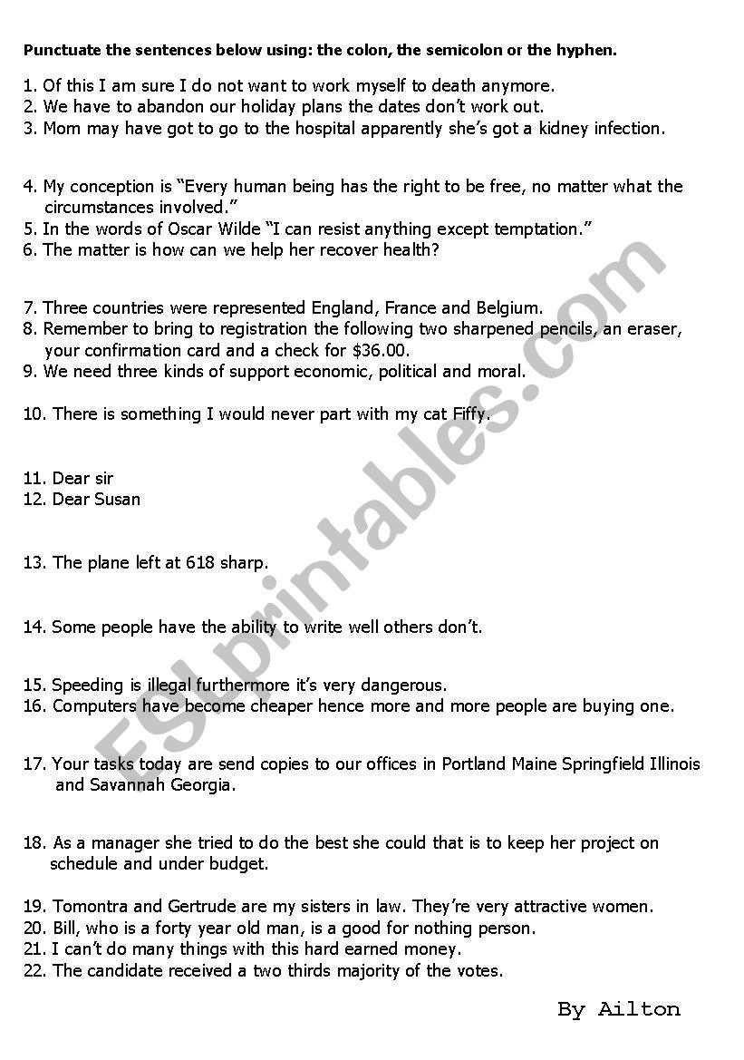 USING COLONS SEMI COLONS AND HYPHENS ESL Worksheet By Ailton