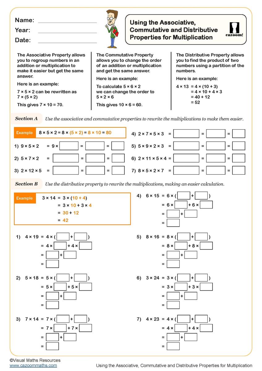 Using The Associative Commutative And Distributive Properties For Multiplication Worksheet PDF Printable Number Worksheets