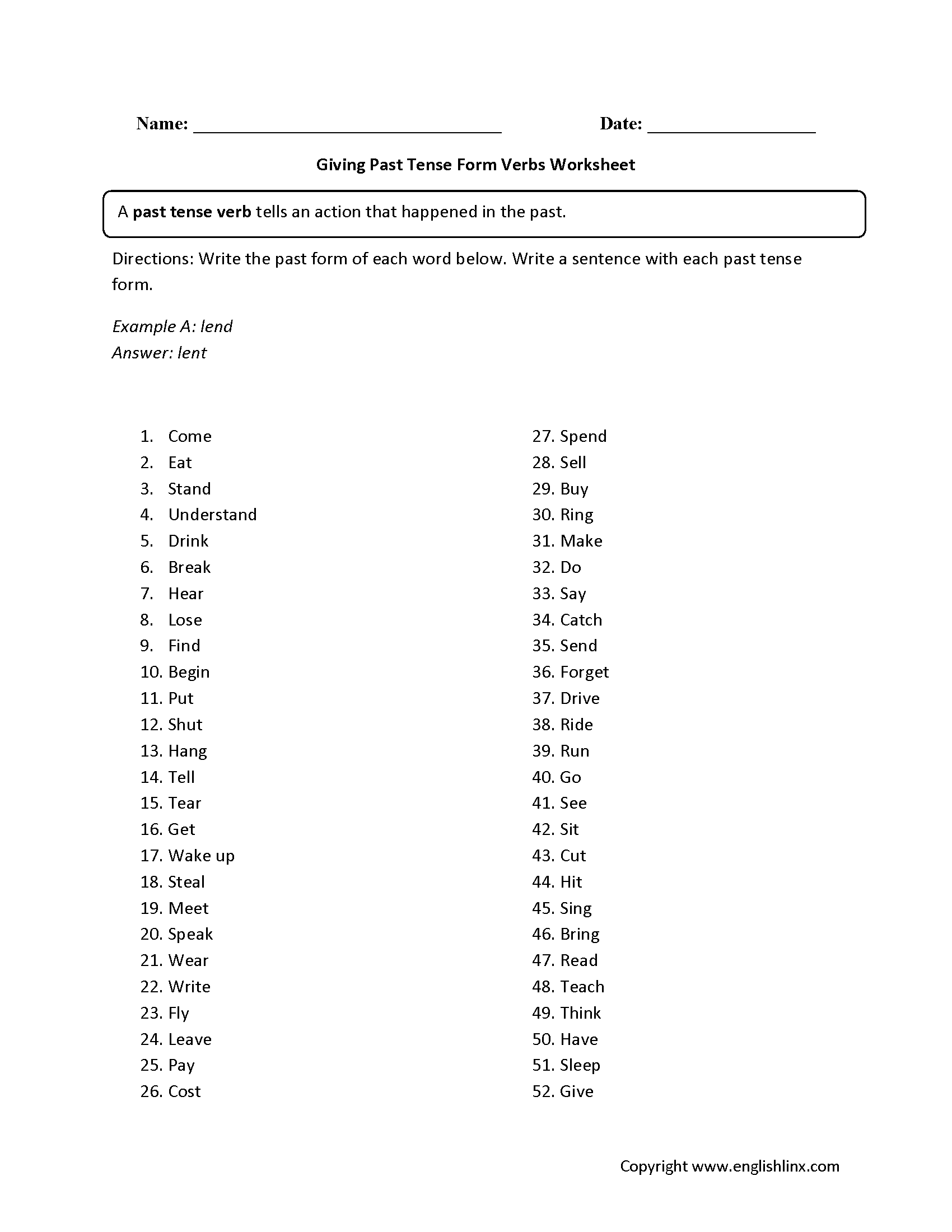 Verb Tenses Worksheets Past Tense Verbs Practice Worksheet