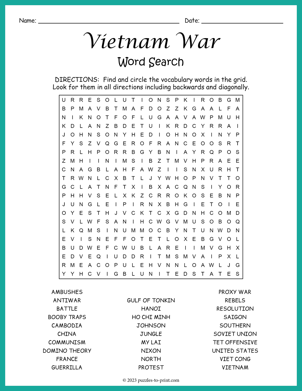 Vietnam War Word Search