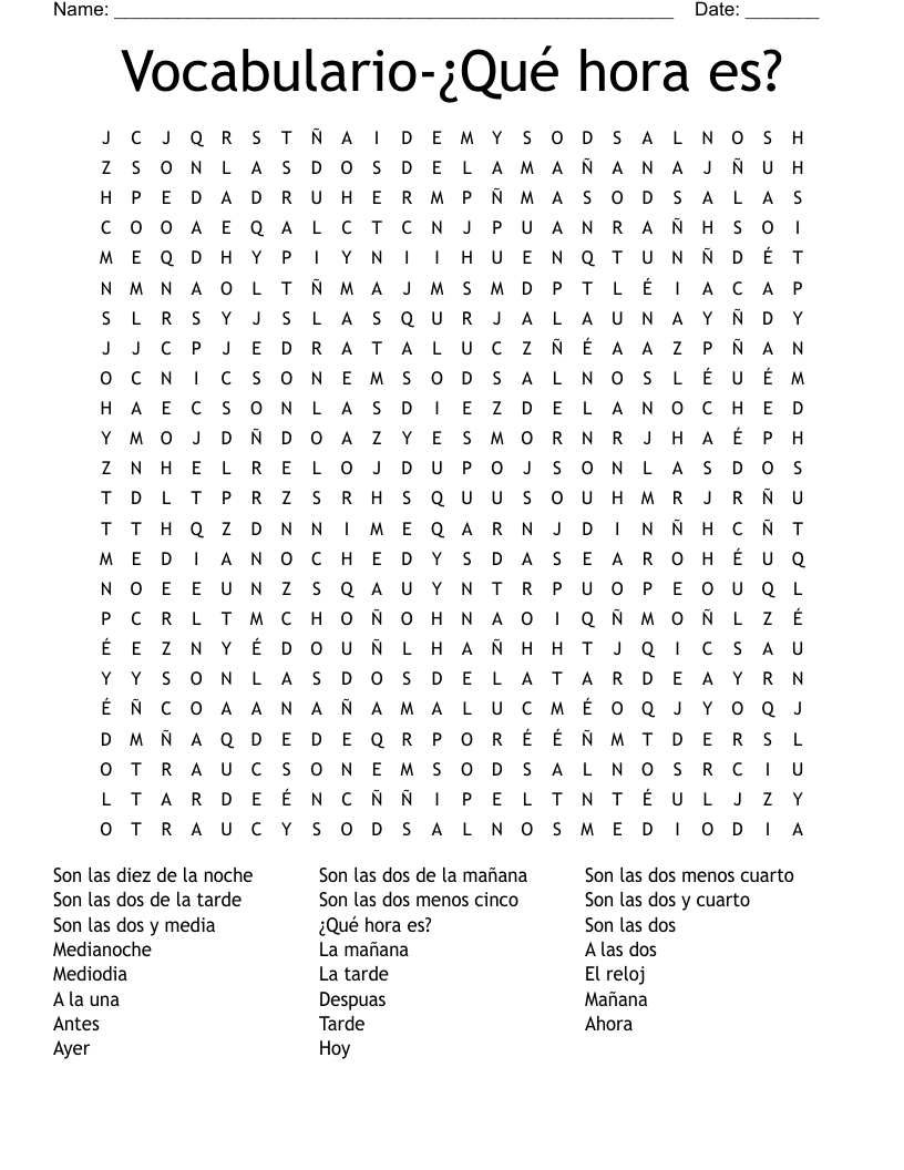Vocabulario Qu Hora Es Word Search WordMint Vocabulario Qu Hora Es Word Search WordMint