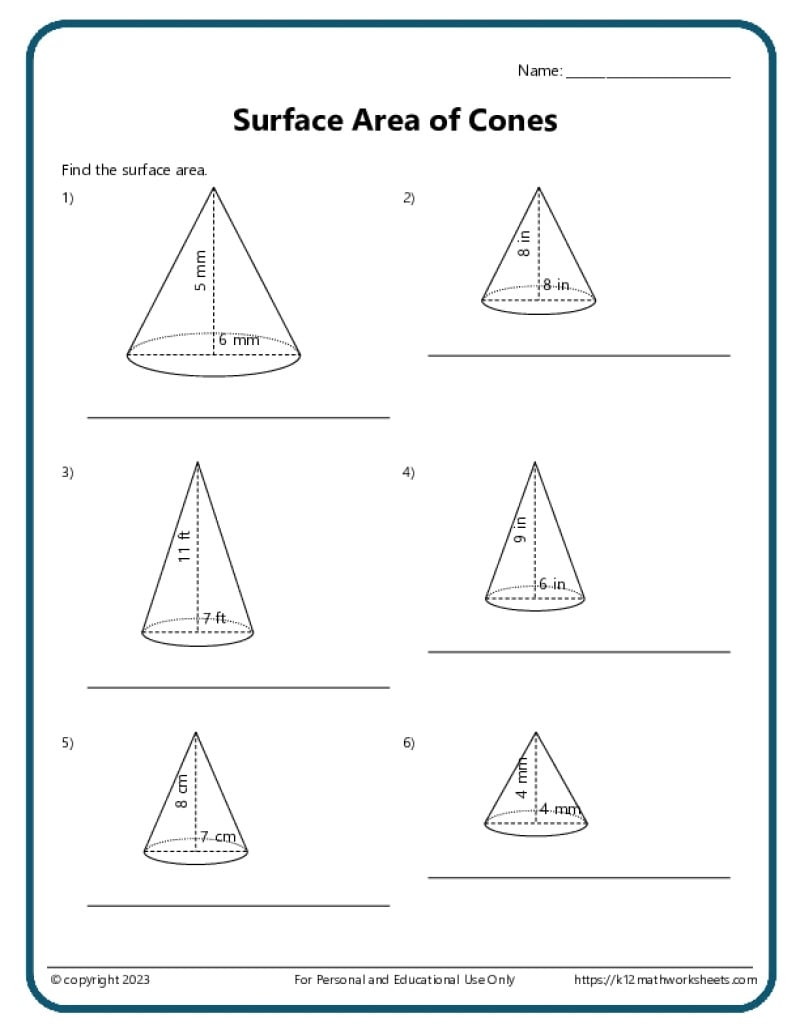 Surface Area Of Cones And Spheres Worksheet PDF Printable Geometry Worksheet Cazoom Math