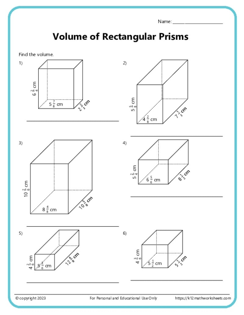 Volume And Surface Area Of Rectangular Prisms K12 Math Worksheets