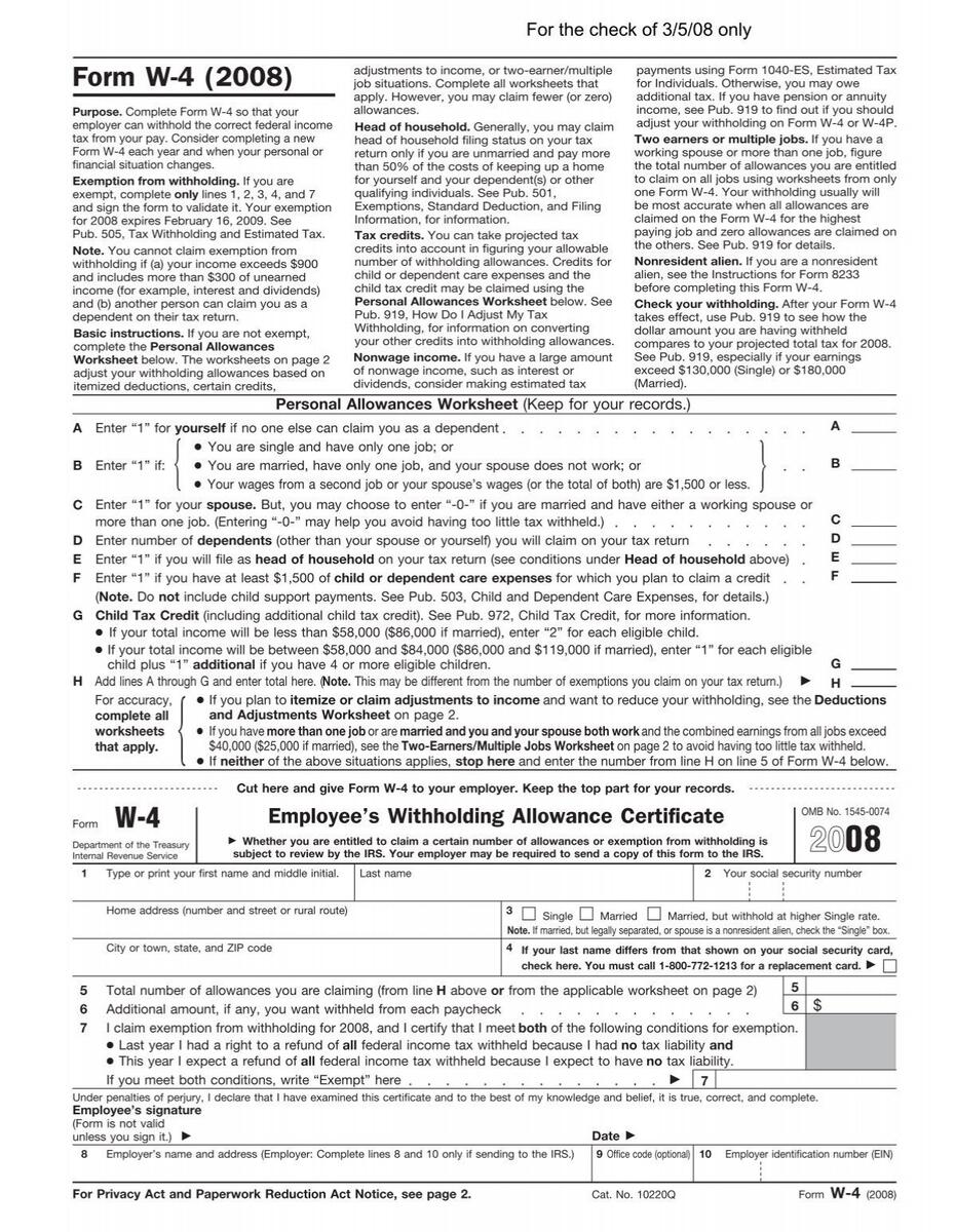 W 4 Federal Tax Withholding Allowance Certificate Useful IRS Forms