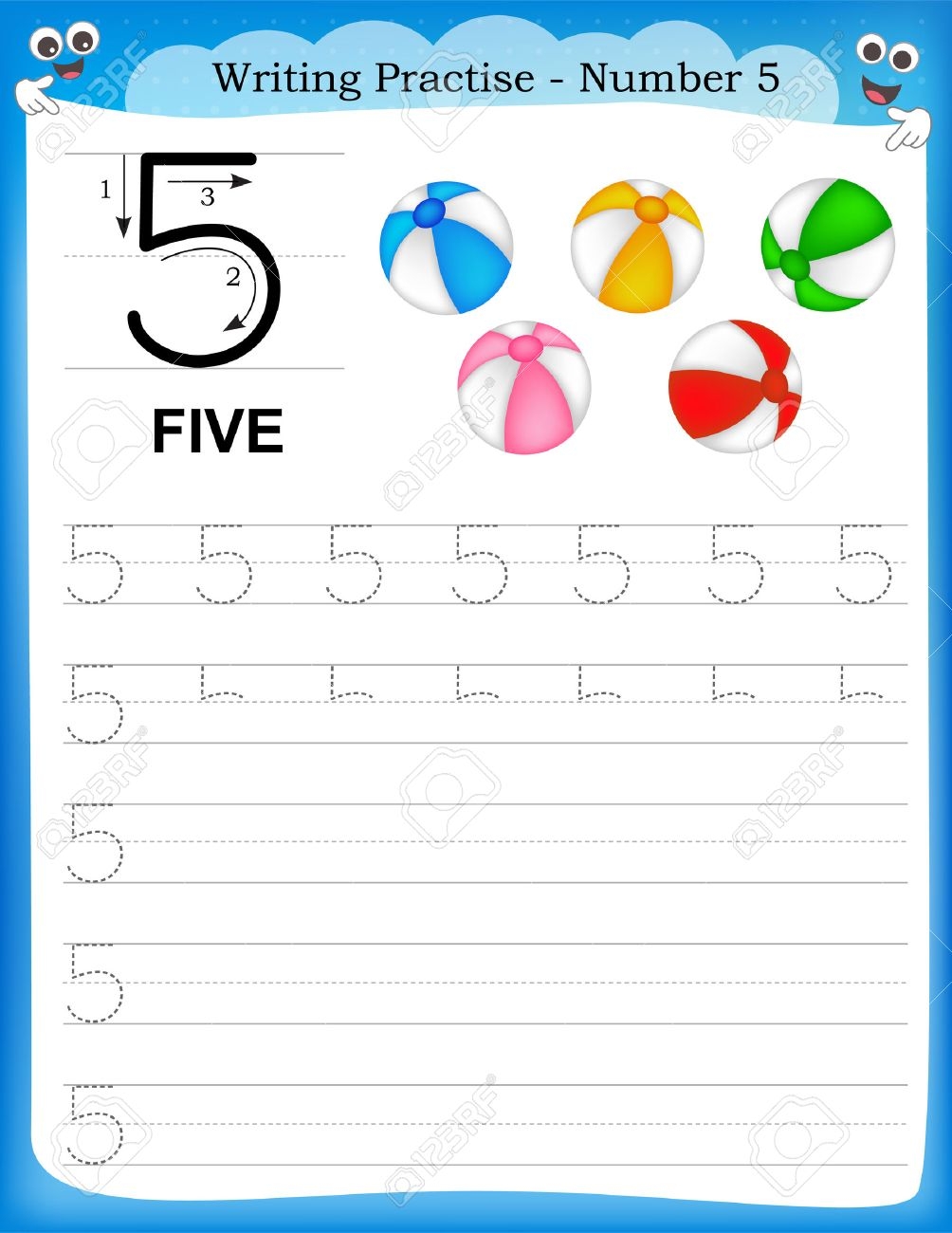 Writing Practice Number Five Printable Worksheet For Preschool Kindergarten Kids To Improve Basic Writing Skills Royalty Free SVG Cliparts Vectors And Stock Illustration Image 44302003
