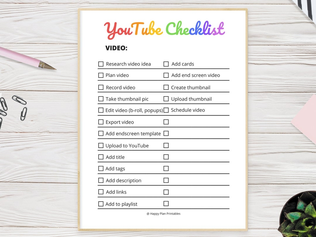 Youtube Video Checklist Printable Etsy